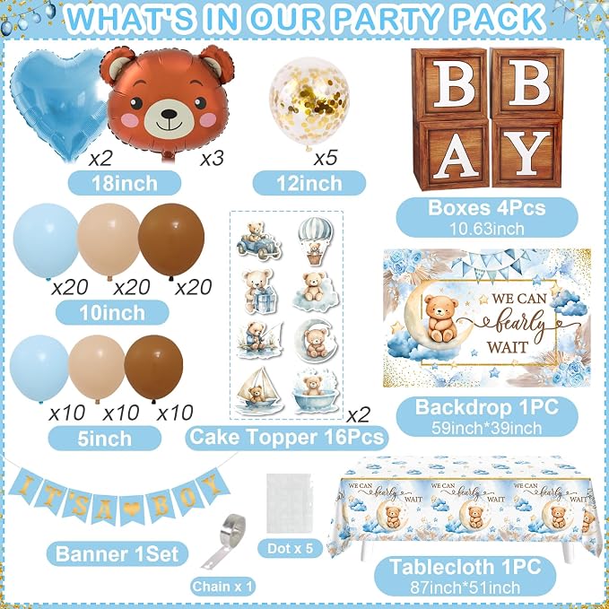 We Can Bearly Wait Baby Shower Decorations -Teddy Bear Boho Balloons Banner Boxes Cupcake Topper, We Can Bearly Wait Sign Backdrop Tablecloth, Boy Baby Shower Decorations Gender Reveal Party Decor