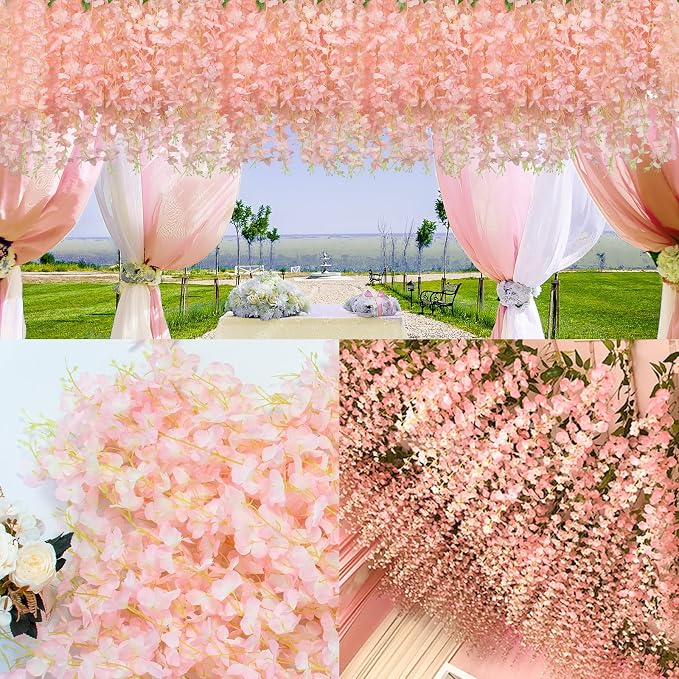 12 Pack Artificial Wisteria Hanging Flowers Fake Wisteria Flower Garland Silk Vines Rattan Decor for Home Wedding Arch Wall Garden Greenery Bedroom Outdoor Office Party Decoration (Light Pink)