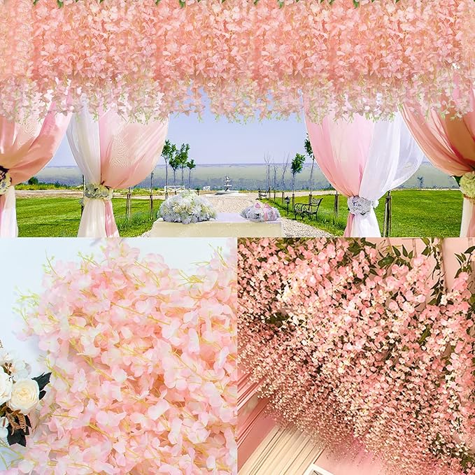 24 Pack Artificial Wisteria Hanging Flowers Fake Wisteria Flower Garland Silk Vines Rattan Decor for Home Wedding Arch Wall Garden Greenery Bedroom Outdoor Office Party Decoration (Light Pink)