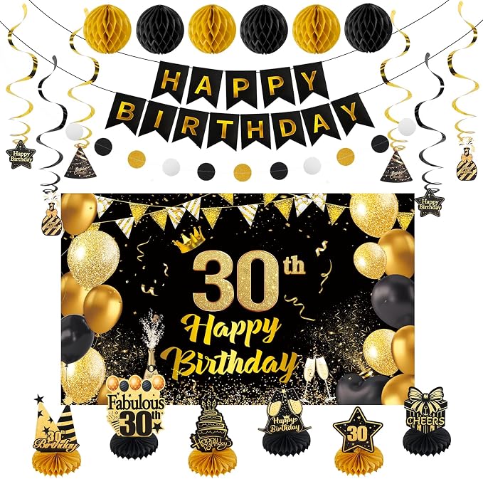 Happy 30th Birthday Party Decoration: Including Birthday Banner Backdrop, Party Table Centerpieces and Hanging Swirl Party Streamers, Birthday Decor for Men and Women (Gold/Black, 30th Birthday)