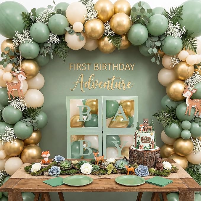 Zhanmai Baby Boxes for Bear Baby Shower Decoration with 4 Letters 36 Balloons 4 Transparent Clear Balloon Box Blocks for Boy Girl Gender Reveal Party Favors (Gold,White,Sage Green)