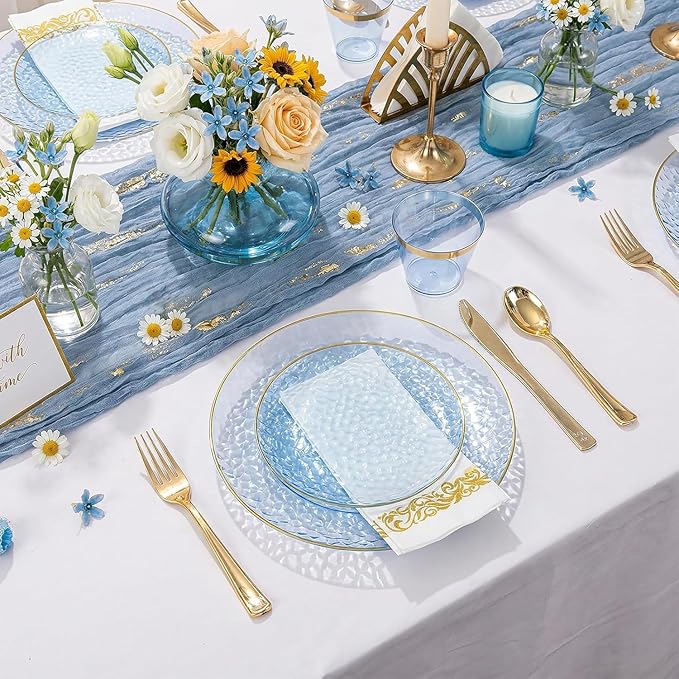 Rubtlamp 100Pcs Blue Gold Plastic Plates, Blue Disposable Plates With Gold Rim, Hammered Plastic Plates Include 50 Dessert Platos, 50 Dinner Platos for Party