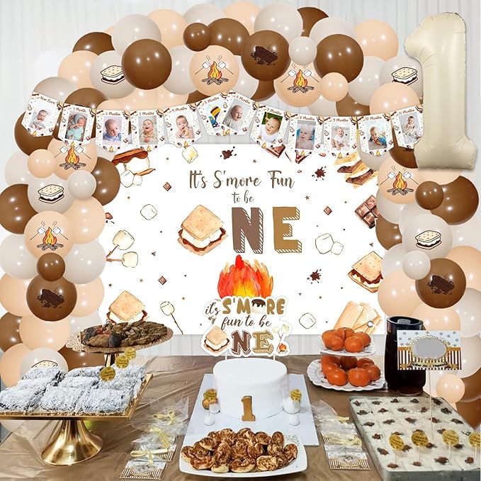 Sursurprise S’more 1st Birthday Decorations, It’s S’more Fun To Be One First Birthday Backdrop Cake Topper Photo Banner High Chair Banner Balloon Garland Arch Kit, Camping Camp Camper Party Supplies