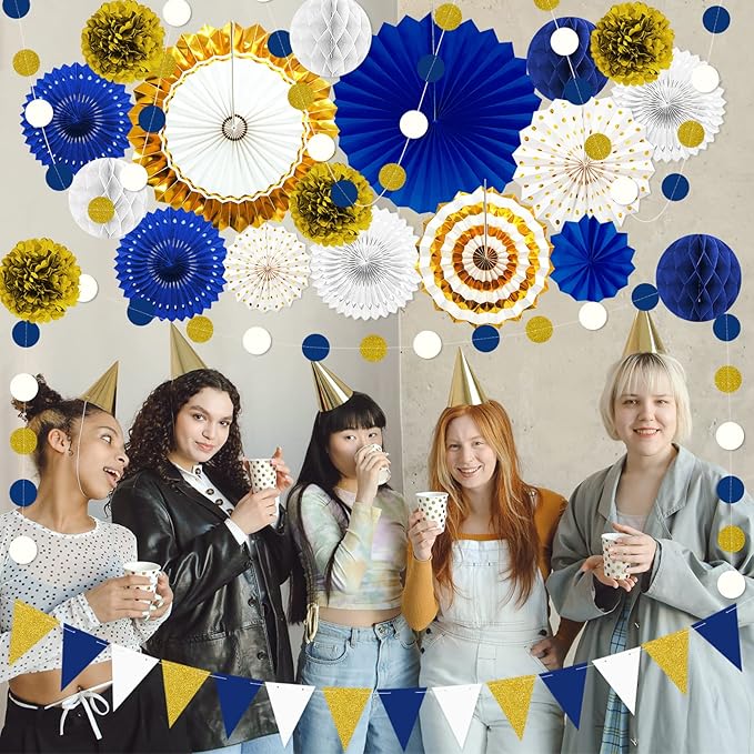 Navy Blue and Gold Graduation Party Decorations 23pcs Navy White and Gold Baby Shower Boy Birthday Decor for Kids Man with Hanging Paper Fans, Pom Poms Flowers, Garland String Polka Dot Packs