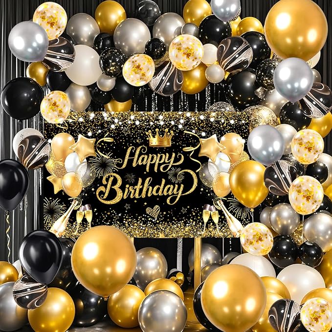 Black Golden Happy Birthday Party Balloons Decorations Set, 80 PCS | with Photo Background Backdrop, Happy Birthday Sign Banner Cloth, 3 PCS 18inch Metal Gold Balloons, Gold Confetti Balloons