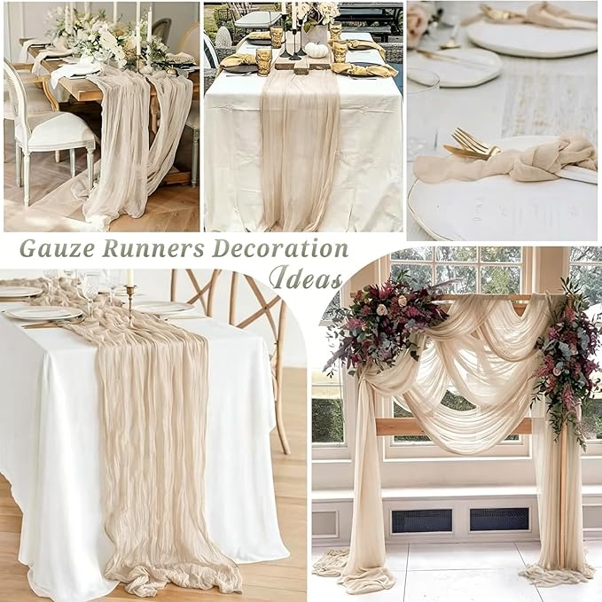 16 Pack Beige Cheesecloth Table Runner 35x120 Inch Boho Gauze Cheese Cloth Table Runners, 10 FT Long Rustic Sheer Table Runners for Wedding Bridal Baby Shower Birthday Party Table Decorations