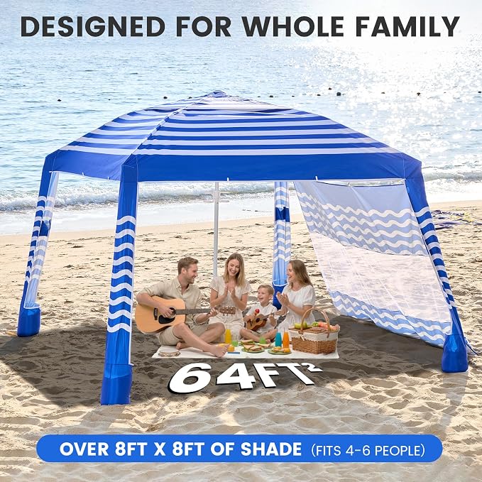 Zeraty Beach Cabana 8'×8', Portable Beach Canopy with Side Wall, UPF 50+ Silver-Coated Beach Tent Sun Shelter Easy Pop Up, Wind Resistant Adjustable Height Beach Umbrella Tent for Family, Navy Blue