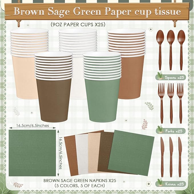 Mimorou 177 Pcs Woodland Plates and Napkins Set Serves 25 Guests Gradient Green and Brown Tablecloth Plates Cup and Napkins Tableware for Forest Animal Birthday Wedding Baby Shower Party Supplies
