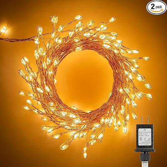 2 Pack Fairy Lights Plug in, 10Feet 200LED Cluster String Lights, Copper Wire Waterproof Starry Firecracker Lights for Ceiling Bedroom Wreath Window Wedding Christmas Tree Decorations, Warm White