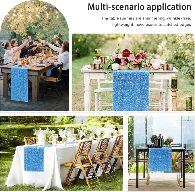 10 Packs 12 x 72 inches Sequin Table Runner, Blue Glitter Table Runner for Birthday Party Supplies Wedding Engagement Baby Shower Holiday Celebration Event Decorations