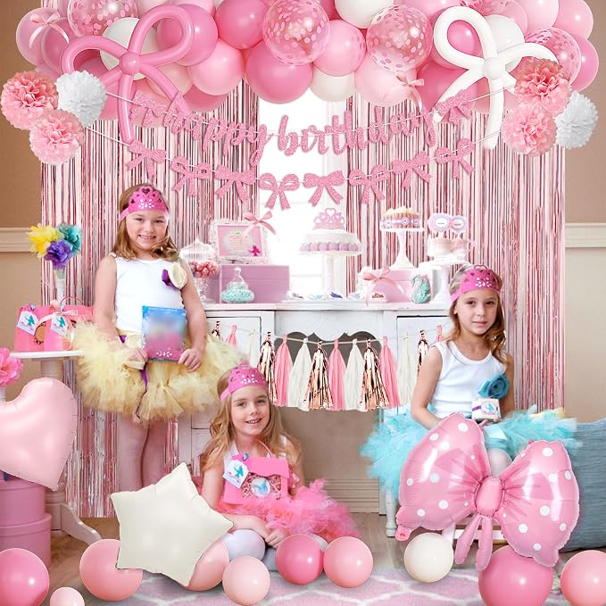 Pink Bow Birthday Party Decorations, Coquette Bow Light Pink and White Confetti Long Balloons Happy Birthday Banner Fringe Curtain Tassel Pompoms for Women Girls Theme Baby Shower Party Supplies
