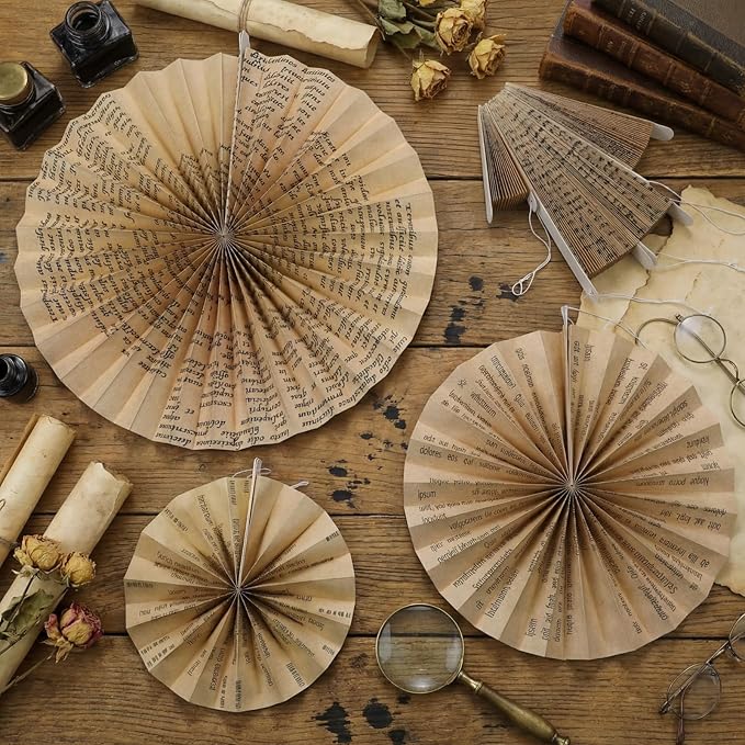 Feifeiya 12 Pcs Vintage Book Hanging Paper Fans 8'' 12'' 16'' Vintage Pages Book Paper Fans Set Round Kraft Newspaper Hanging Ornaments Decorations for Library Club Birthday Wedding Events Party