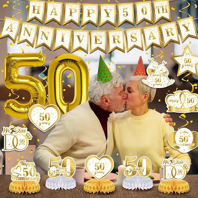 50th Golden Wedding Anniversary Decorations - White Gold Happy Anniversary Banner Backdrop Centerpiece Hanging Swirls Pom Poms