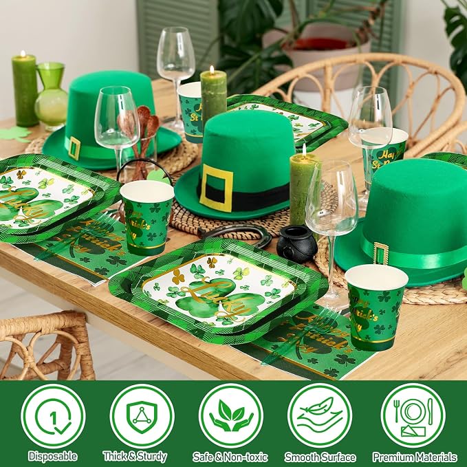 400 Pcs St Patrick Day Shamrock Lucky Clover Plaid Green Tableware Set Paper Plate Napkin Cup Plastic Knife Fork Spoon Waterproof Disposable for 50 Guest Irish Holiday Party Family Decoration