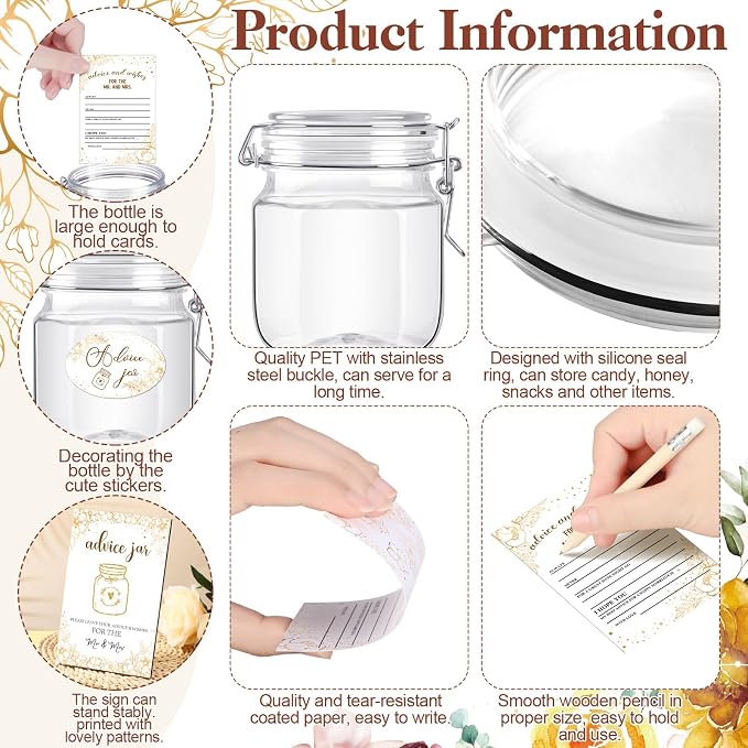 Jetec 74 Pcs Advice and Wishes for the Mr and Mrs 60 Pcs Wedding Advice Cards Advice and Wishes Jar Box Bridal Shower Advice and Wishes Cards for Bride and Groom Bridal Shower Decor(Gold Flower)