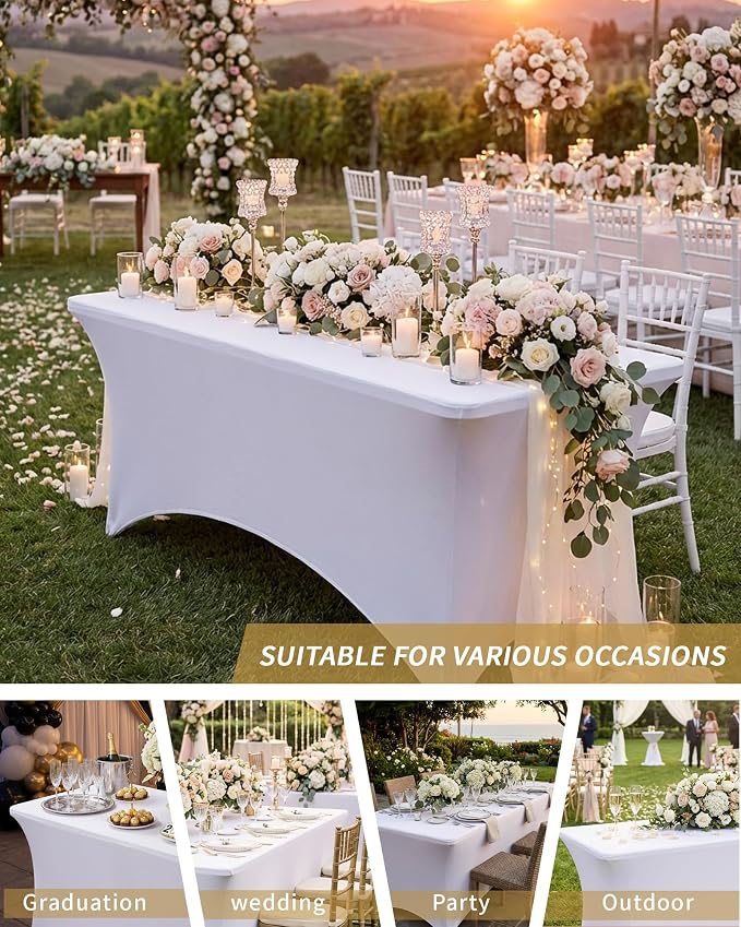 Fixwal White Tablecloth 2 Pack 6FT for Rectangular Table Spandex Fitted Table Covers Washable Stretch Table Cloth for Party, Trade Show, Banquet, Wedding, Buffet, Graduation and Birthday