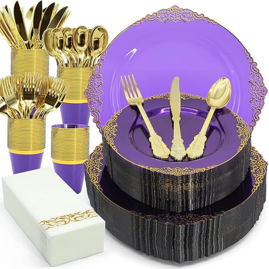 AIRE 350PCS Purple Gold Plastic Plates for Party Dinnerware Sets for 50 Guests, Vintage Disposable Plastic Party Plates Cups Spoons Forks Knives Napkins for Wedding Birthday Christmas BBQ Parties