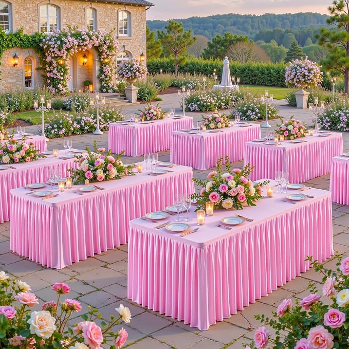 Pink Polyester Table Cloths for Rectangle 8 Foot Tables, 6 Pack Wrinkle Free Tablecloths Stretchy Banquet Ruffle Fitted Table Cover Desk Skirt for Parties Wedding Birthday Baby Shower
