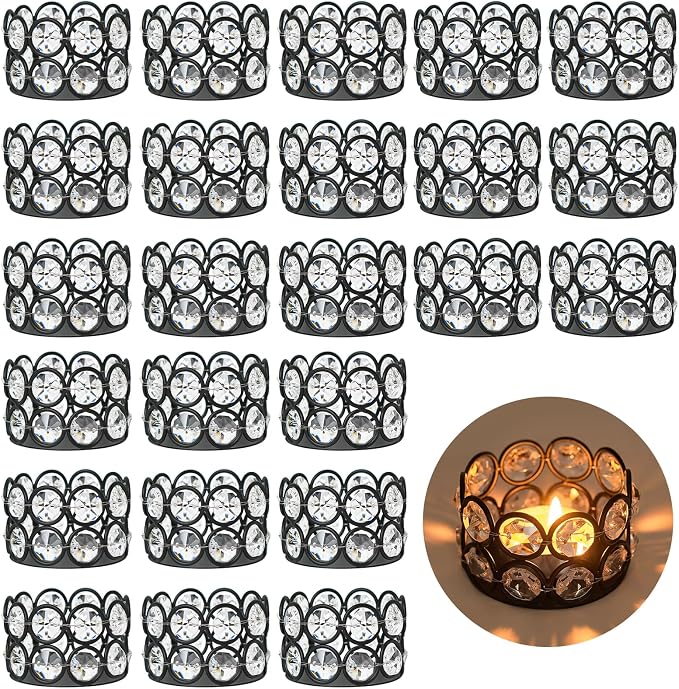 2.4x2.4x1.6 Inch Crystal Tea Light Candle Holders for Wedding Home Table Centerpiece Decoration (24, Black)