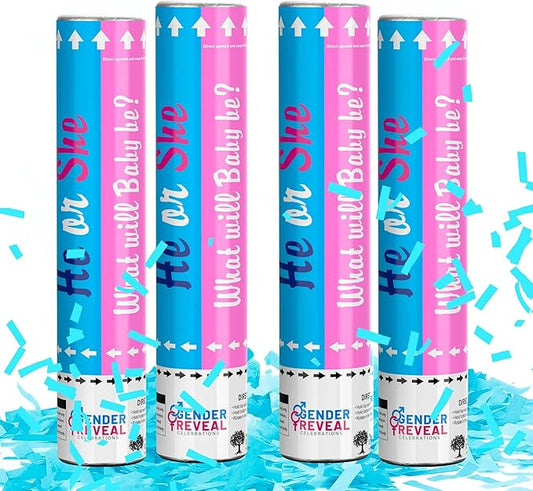 POPUPARTY 4 Pack Gender Reveal Confetti Cannon | No Powder Confetti Poppers | Ideal for Baby Boy Gender Reveal Decoration (4 Blue)