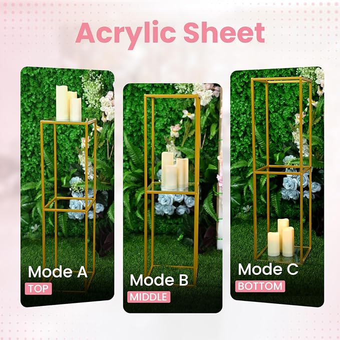 YALLOVE 10 Pcs 31.5 Inch Metal Flower Stand, Gold Centerpieces Vases Stand With Clear Acrylic Sheets, Geometric Display Rack for Wedding Party Decorations