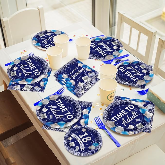 50 Guests 18th Birthday Party Supplies Decoration 18 Years Old Birthday Plates and Napkins Forks Time To Adult Tableware Blue Silver Happy 18th Birthday Party Paper Plates for Boys Girls Party 200PCS