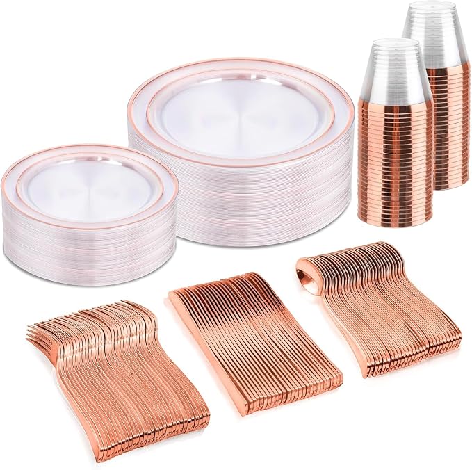 bUCLA 150PCS Clear Rose Gold Disposable Dinnerware set - Rose Gold Plastic Plates Include 25 Dinner / 25 Dessert Plates, 25 Knives, 25 Forks, 25 Spoons, 25 Cups for Party & Wedding