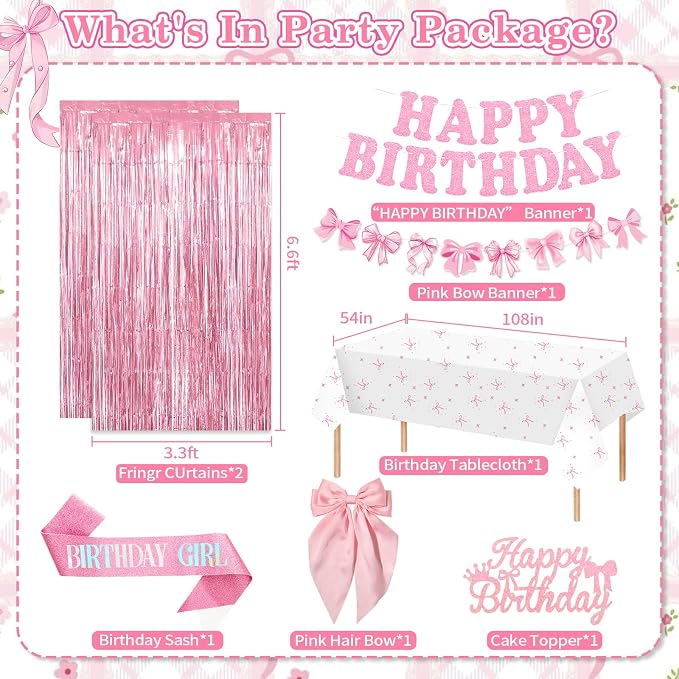 Pink Bow Birthday Decorations, Coquette Party Supplies with Balloons, Fringe Curtain, Birthday Sash, Pink Hair Bow, Tablecloth, Banner, Paper Pompoms, Cake Topper for Women Girls Bday Party Decor
