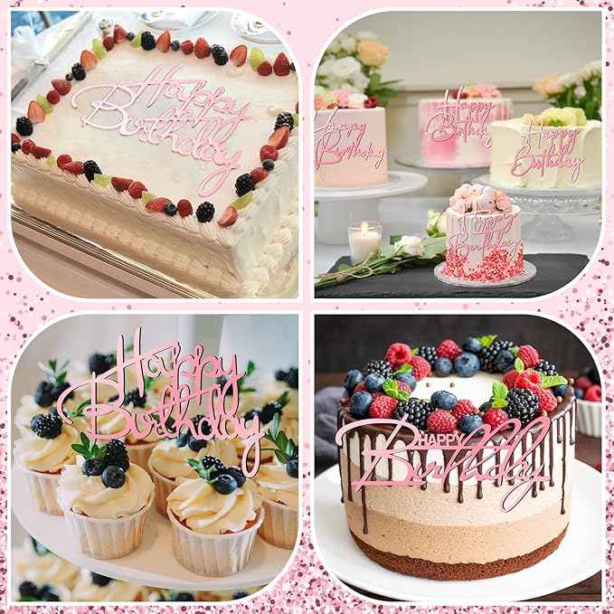Barydat 50 Pcs Happy Birthday Cake Toppers Bulk Mirror Acrylic Cupcake Topper Cupcake Decorations Happy Birthday Sign for Cake Side Inserts Decor Party Supplies 10 Style (Pink)