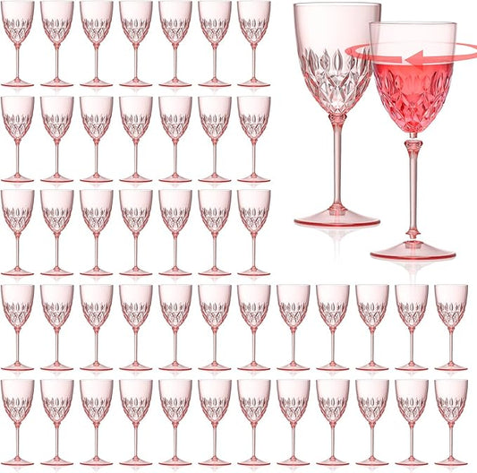 48 pcs Plastic Pink Wine Glasses Bulk 7.4oz Detachable Small Wine Goblet Champagne Flutes Unbreakable Vintage Diamond Stemware Mimosa Drinking Glassware for Wedding Christmas Event Party