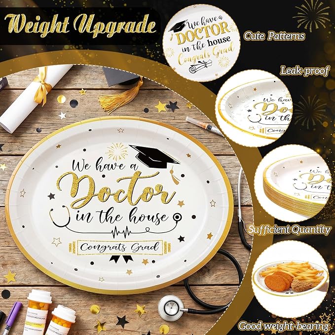 Vesici 150 Pcs Doctor Graduation Party Supplies We Have a Doctor in the House Tableware Set Paper Plate Cup Napkin 10" x 12" Large Heavy Duty Disposable Plate for Medical School Grads Celebration