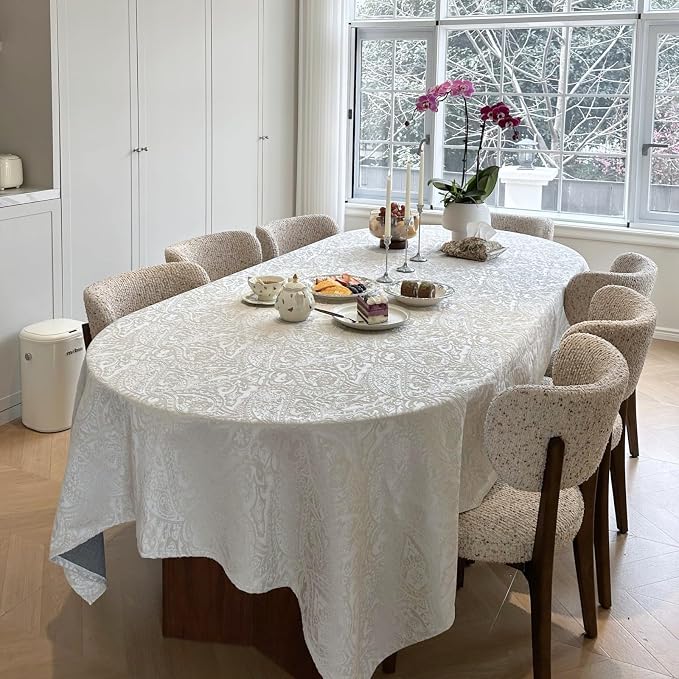 Jacquard Rectangle Tablecloth, Floral Design Thick Kitchen Dining Table Cloth, Waterproof Wrinkle Free Decorative Fabric Table Cover for Outdoor and Indoor, 84x60 Inch Milky White