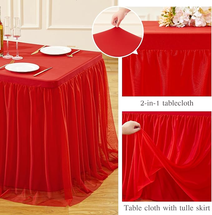 Red Tablecloth Rectangle 8 Foot Fitted Stretch Elastic Tulle Ruffle Tablecloths Rectangular Spandex Table Covers 8ft Birthday Baby Shower Wedding Party Table Cloths with Skirt