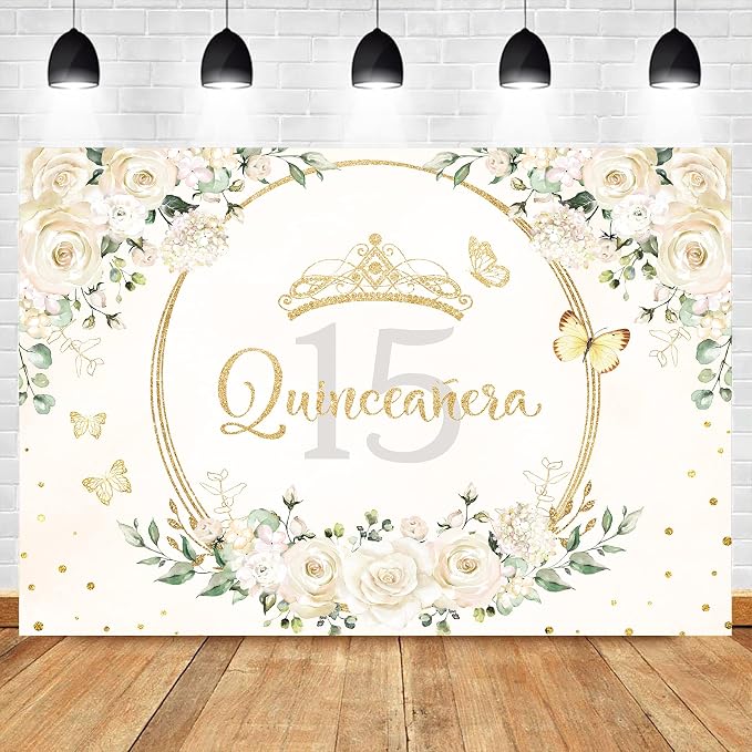 Quinceañera Backdrop 7Wx5H Feet Polyester Fabric Mis Quince 15 Anos Birthday Party Decorations Supplies for Girl Princess White Floral Gold Crown Butterfly Photography Background Props