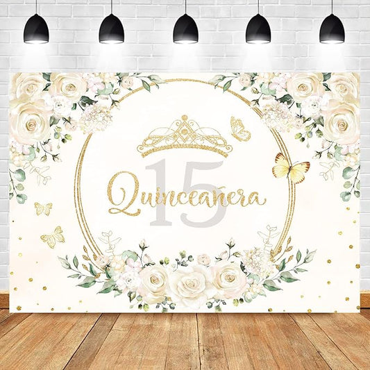 Quinceañera Backdrop 7Wx5H Feet Polyester Fabric Mis Quince 15 Anos Birthday Party Decorations Supplies for Girl Princess White Floral Gold Crown Butterfly Photography Background Props