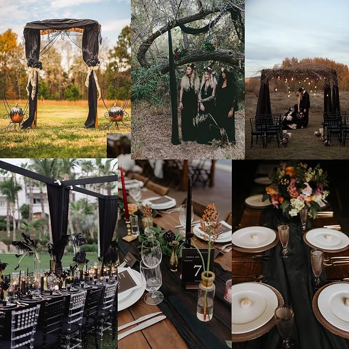 Fivenl 12 Packs Black Halloween Table Runner 10Ft Chiffon Table Runner 27x120 Inches Boho Rustic Sheer Table Runner for Halloween Birthday Party Wedding Bridal Baby Shower Table Decoration