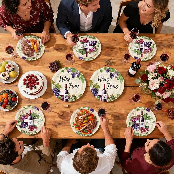 96Pcs Wine Tasting Party Supplies Red Wine Plates and Napkins Purple Grapes Vineyard Tableware Set for Women Girls Bridal Shower Drinks Theme Party Decorations Serves 24