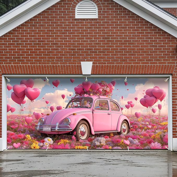 Pink Beetle Garage Door Banner Cover 7x16FT Waterproof – Love Car & Heart Balloons Backdrop with Floral,Indoor Outdoor Decor for Mother's Day,Wedding,Proposal & Photo Booth
