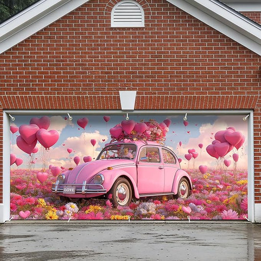 Pink Beetle Garage Door Banner Cover 7x16FT Waterproof – Love Car & Heart Balloons Backdrop with Floral,Indoor Outdoor Decor for Mother's Day,Wedding,Proposal & Photo Booth