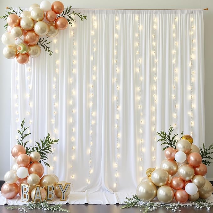 White Backdrop Curtains with Lights for Parties,10x10FT Wrinkle Free Wedding Photo Backdrop Curatin Drapes Fabric for Baby Shower Birthday Ceremony Reception Home Party Decorations-5ft x 10ft,2 Panels