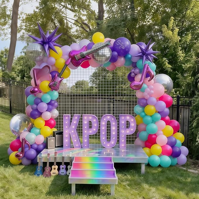 K-Pop Music Balloons Arch Kit, 119Pcs Pastel Hot Pink Royal Purple Teal Yellow Balloons Garland with Disco Guitar Notes Exploding Star Foil Balloon for Fans Singer Karaoke Birthday Party Decorations