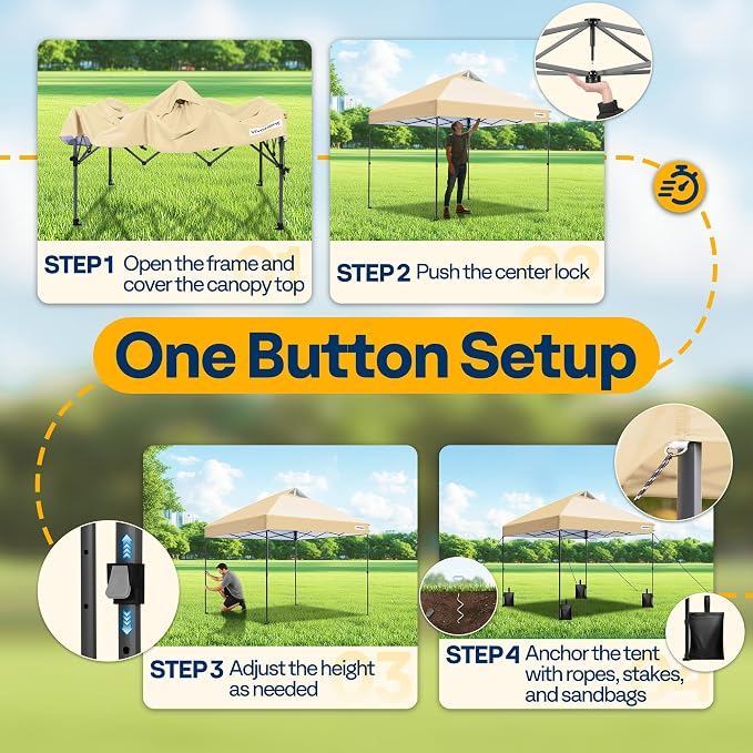 VIVOHOME 8x8ft Pop Up Canopy Tent One Push Setup Outdoor Portable Shelter Tent Heavy Duty with Wheel Carry Bag and 4 Sandbags, Beige
