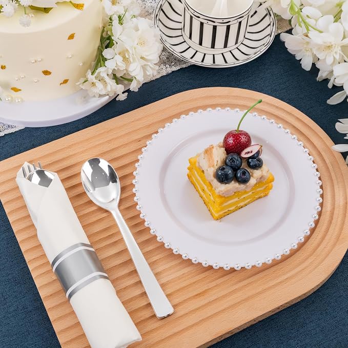 EI 60Pack Pre Rolled Silver Plastic Silverware Disposable Rolled Cutlery with Napkins,Sliver Plastic Wrapped Silverware Disposable Heavy Duty Perfect for Tea Party,Wedding,Spring,Valentine's Day