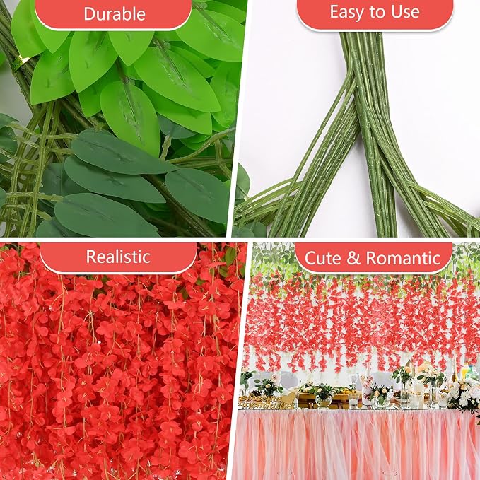 48Pcs Artificial Wisteria Hanging Flowers, 3.6Ft/Pcs Red Fake Wisteria Garland for Wedding Party Home Garden Indoor Outdoor Decoration