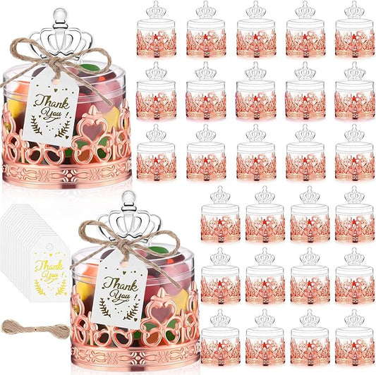 Jingmore 30 Sets Mini Crown Candy Boxes with Thank You Tags and Twine Plastic Candy Storage Boxes for Wedding Baby Shower Princess Birthday Party Supplies(Rose Gold and Clear,Crown Style)