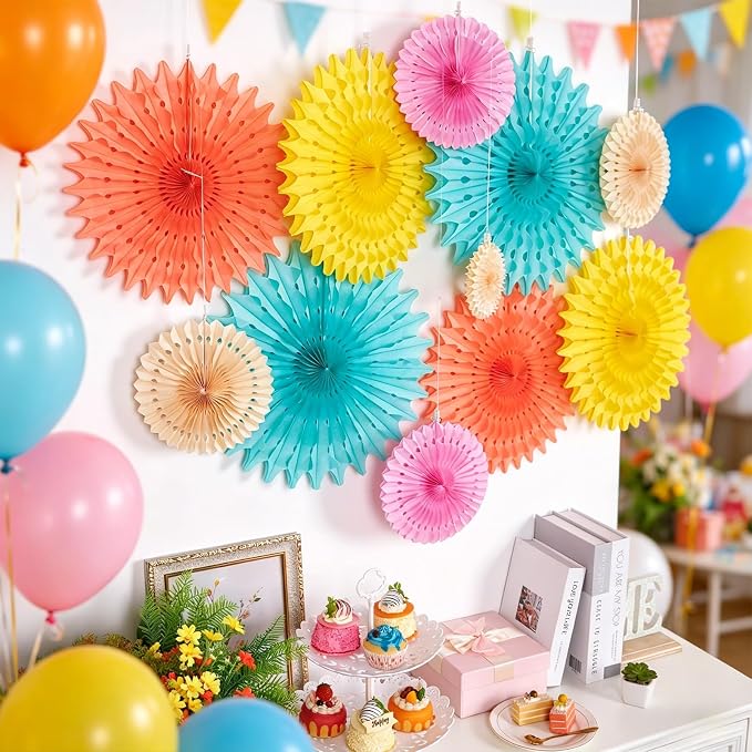 SUNBEAUTY Pack of 11 Peach Pink Yellow Mint Green Hanging Honeycomb Round Paper Fans for Birthday Baby Shower Bachelorette Anniversary Wedding Photo Booth Backdrop Party Decoration