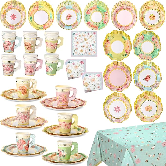 Yungyan 97 Pcs 24 Guests Tea Birthday Party Supplies Disposable Tableware Set 9 oz Paper Tea Cups with Handle 7" 9" Paper Plates Napkin Tablecloth for Floral Party Wedding Baby Shower (Classic Style)