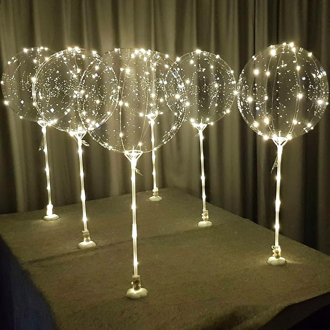 Lightsfever warm white 6pc LED Light up Balloon with sticks, stands and batteries, Table top centerpieces for party, no helium required DIY Kit (warm white)