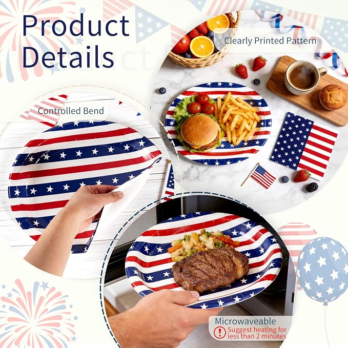 OuMuaMua 100 Pcs American Flag Patriotic Party Supplies, 12"x10" Oval Red White and Blue Paper Plates and Napkins Set, Heavy Duty Disposable Dinnerware for 4th of July, Independence Day, Veterans Day