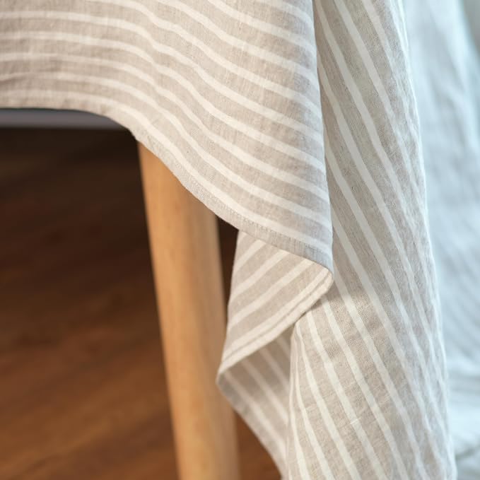 100% Linen Striped Tablecloths for Rectangle Tables, 55x55 Inch Natural and White Linen Table Cloth for Wedding, Party, Easter,Thanksgiving, Christmas Indoor,Outdoor Machine Washable